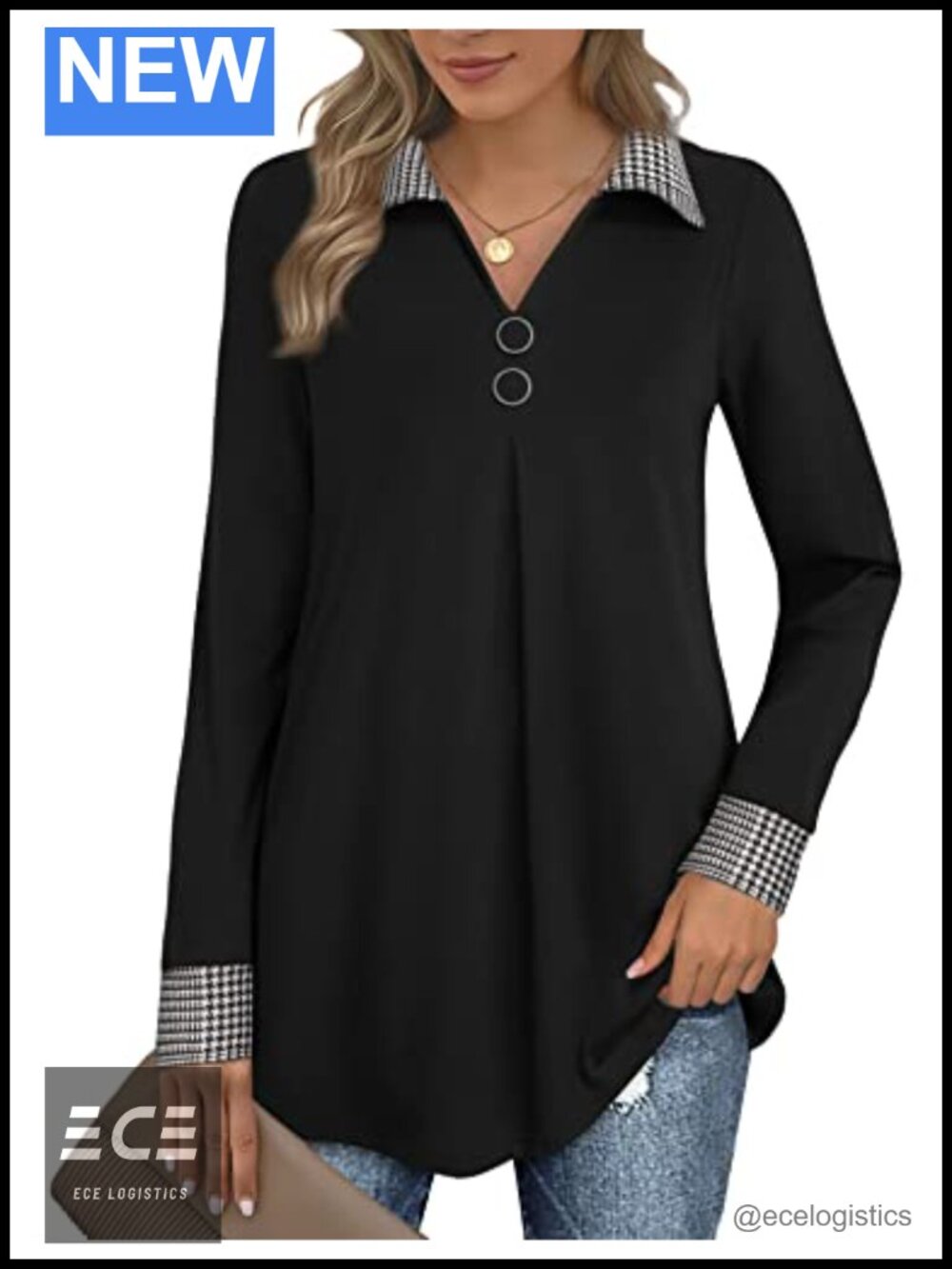 Women's Long Sleeve V-Neck Tunic Blouse with Buttons A-Line Loose Fit